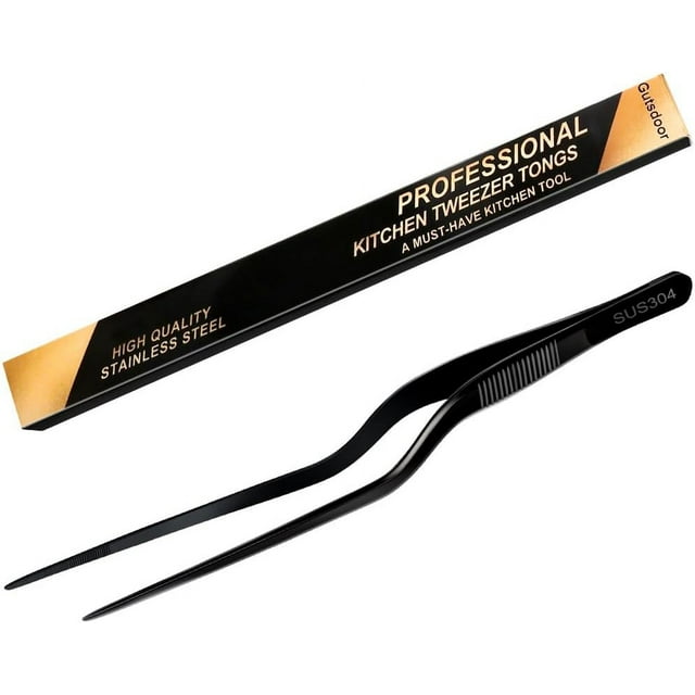LAICAIW 8 Inch Plating Tweezers Stainless Steel Precision Culinary Tweezers Black Kitchen Offset Tweezers Tongs