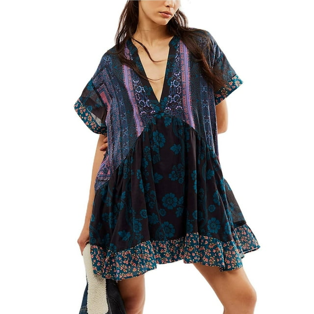 WILLBEST Strapless Dress Women Boho Dresses Flowy Dress Ruffle Mini Dress Deep V Neck Casual Floral