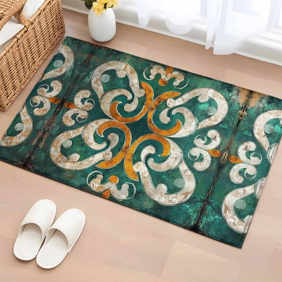 Green Burnt Orange Flowers Bathroom Rug Washable 2x3 Entryway Rug Non Slip Boho Ethnic Abstract Retro Front Door Mat Low Pile Indoor Doormat Throw Floor Carpet for Kitchen Bedroom Entrance