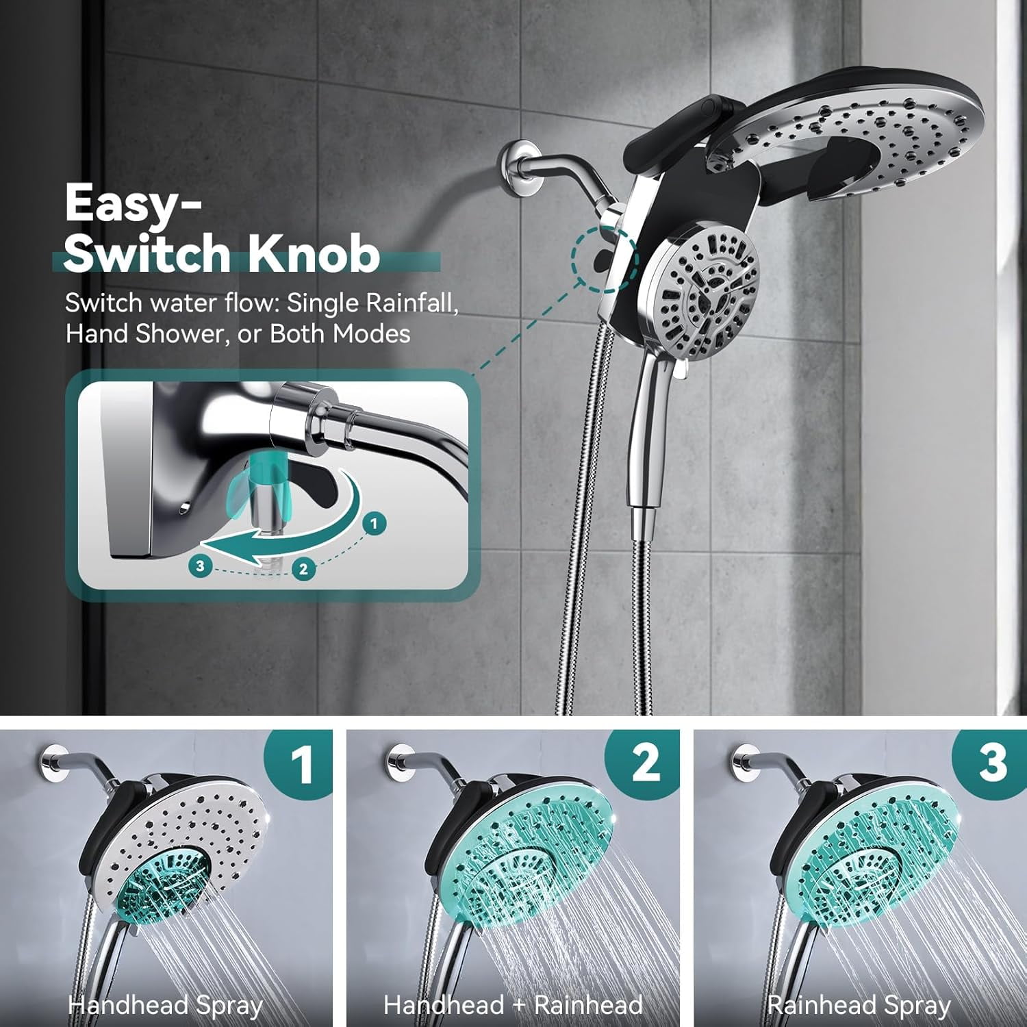 Rain Shower Head with Handheld: High Pressure Shower Heads with Handheld Spray Combo, Spray Settings/Modes Hand Held Showerhead Dual Rainfall Shower Head Built-in Magnetic Docking and Jets