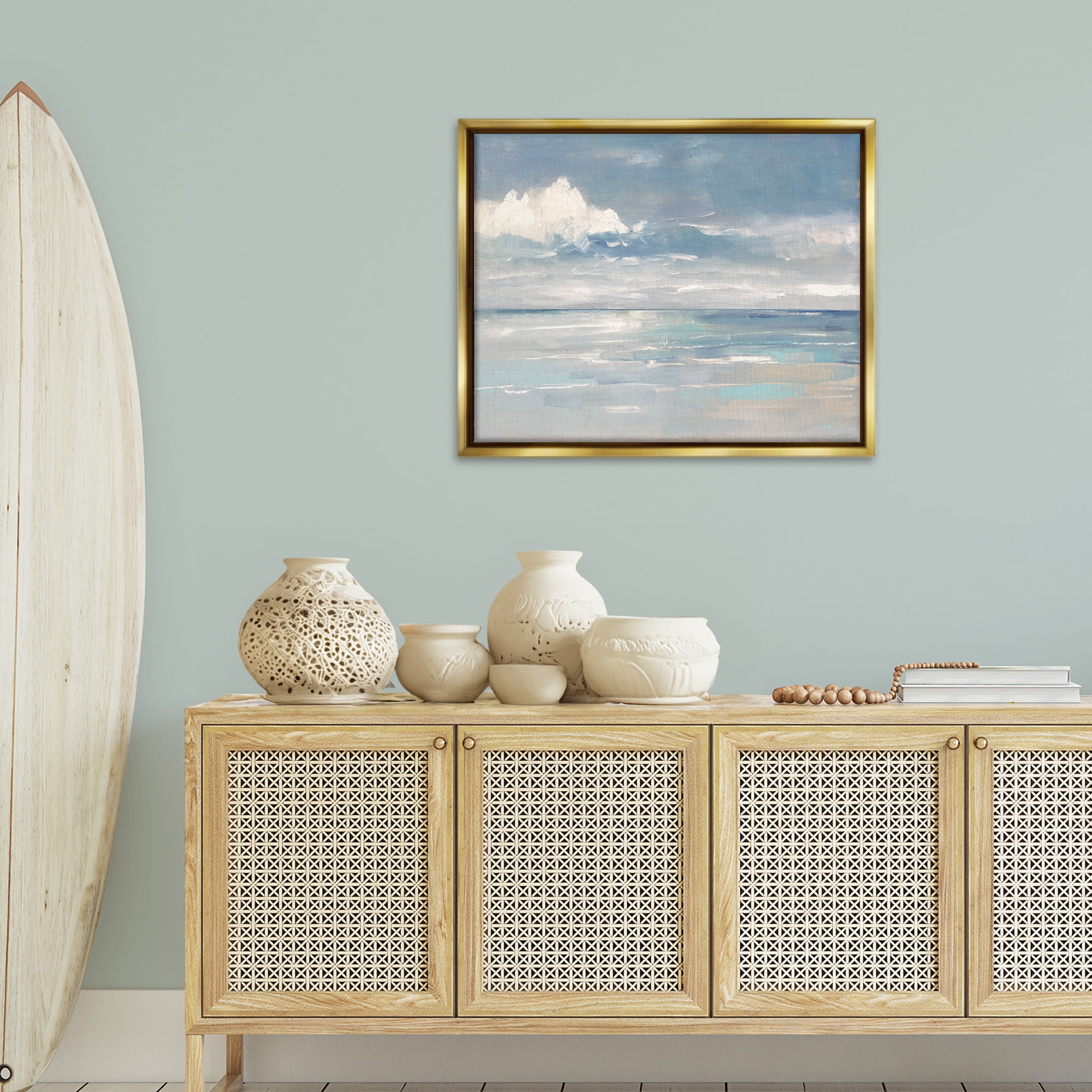 Stupell Industries Beach Clouds Reflection Landscape Painting Gold Floater Framed Canvas Art Print Wall Art, 31 x 25
