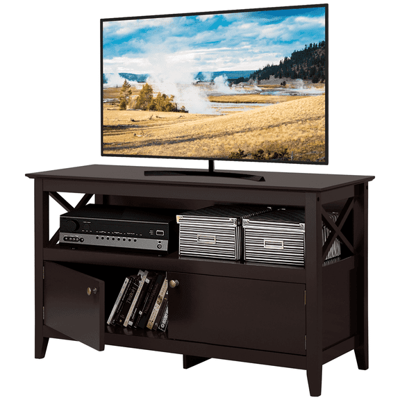 Yaheetech 24'' H TV Stand X Shape Wooden Display TV Cabinet Shelf with 2 Storage Doors for TVs Up to 50in, Espresso