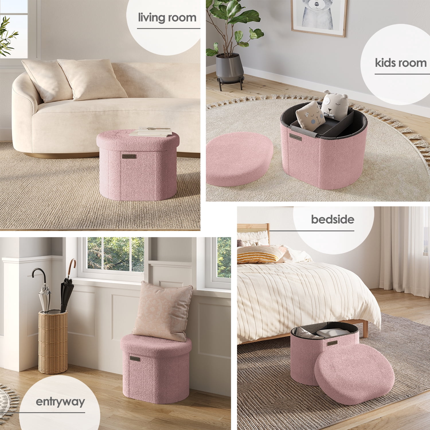 Hearth & Harbor Oval Storage Ottoman Bench, Boucle 16" Ottoman with Storage , Pink
