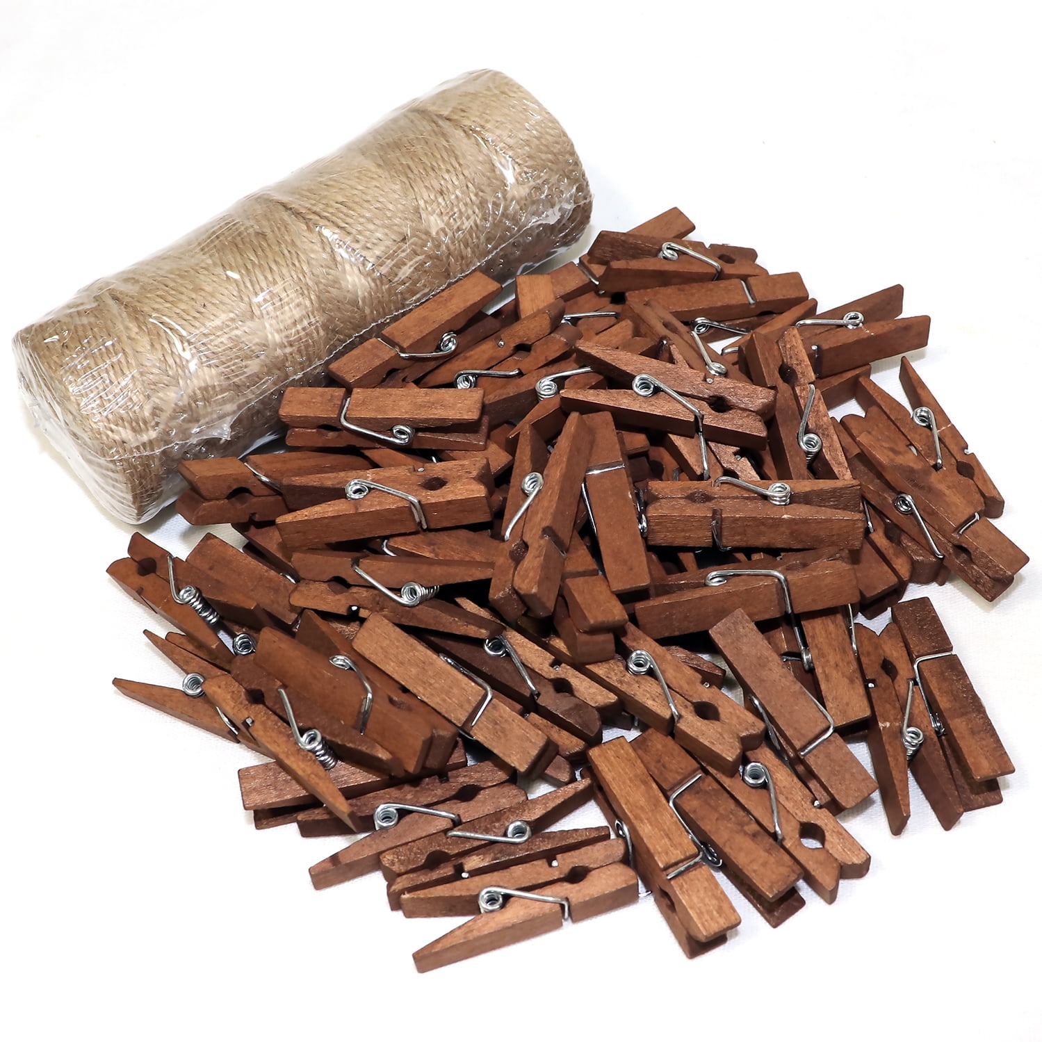 Mini Clothes Pins for Photo, Mini Clothespins Sturdier 1.18 Inch 200 PCS  with Jute Twine, Picture String with Clips, Small Wooden Close Pins for