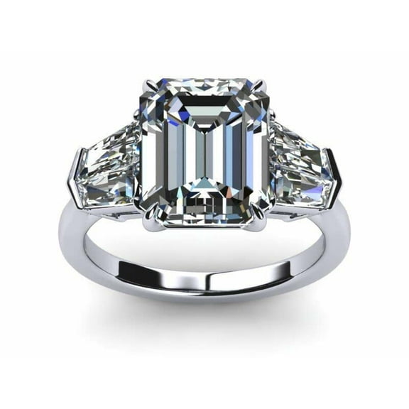 HeartsAndYou 3ct Emerald Cut Moissanite Side Duo Baguette Engagement Ring for Women 18k White Gold over Silver
