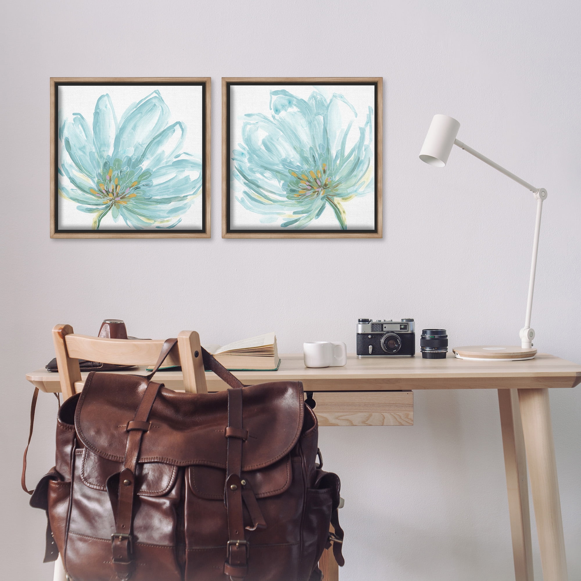 Stupell Industries Blue Blossoms on White Botanical & Floral Painting Brown Floater Framed Canvas Art Print Wall Art, 18 x 18, Set of 2