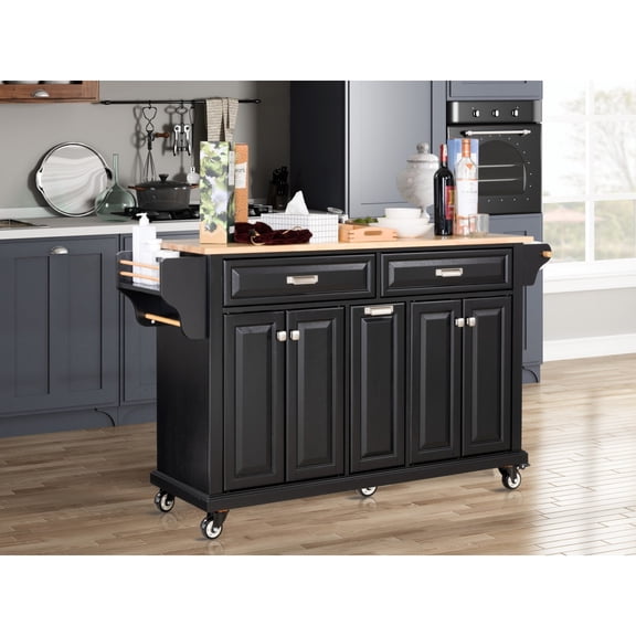 Miekor Furniture Kitchen Island with Rubber wood Countertop, Kitchen Cart on 5 Wheels with Storage Cabinet and 2 Top Drawers and A center double layered storage drawer for Dinning Room, Black B5A6906