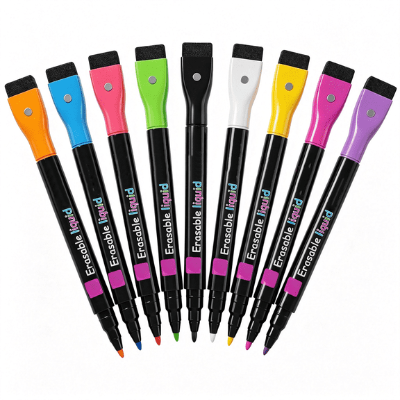 CCOCC Erasable Markers for Led Acrylic Board,9 Pack Magnetic Neon Chalk Markers 3Mm Fine Tip Dry Wet Erase Pens with Built-In Cap Eraser,Bright Neon Colors for Whiteboard Calendar Mirror Window