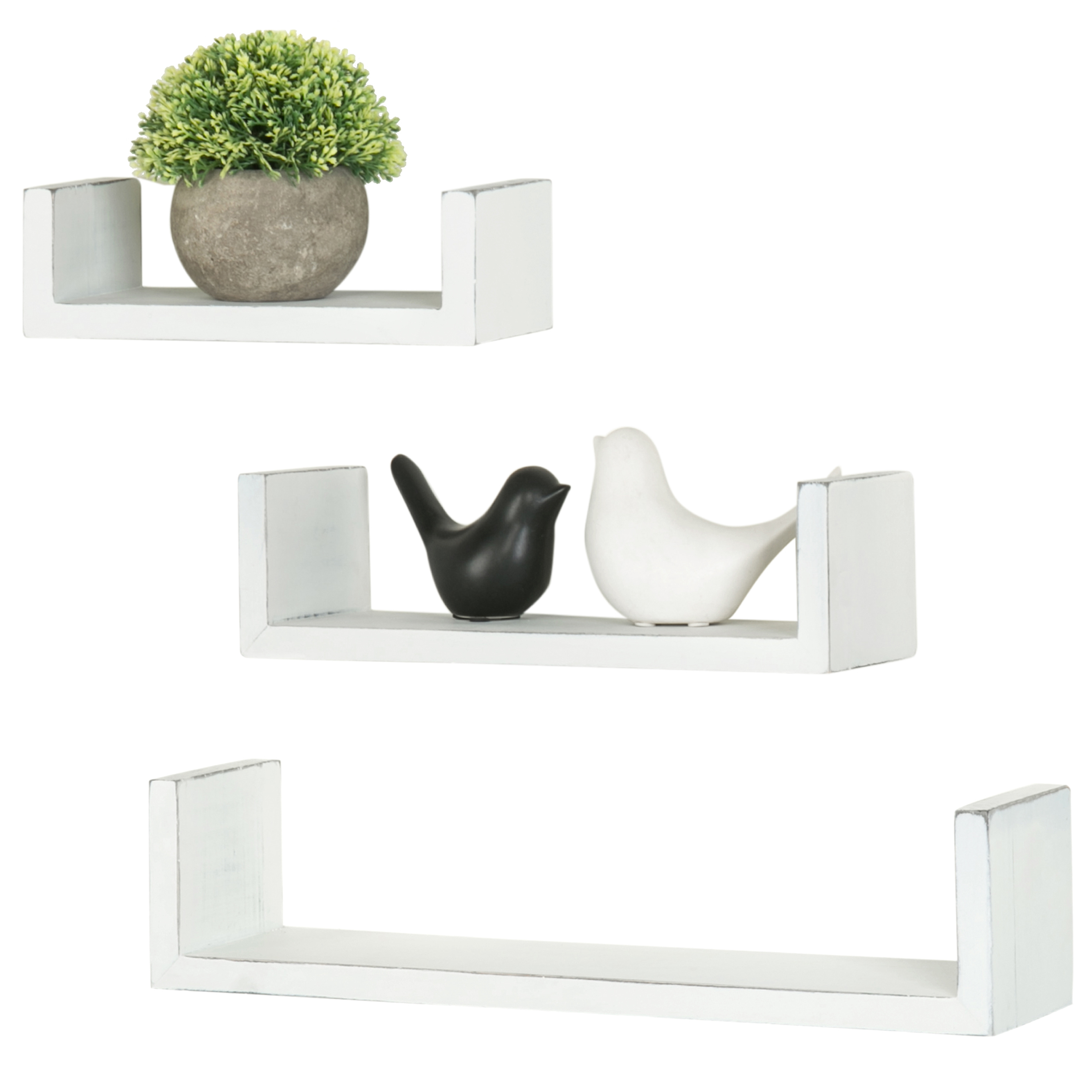 MyGift Vintage White Wood UShaped Floating Shelves, Set of 3