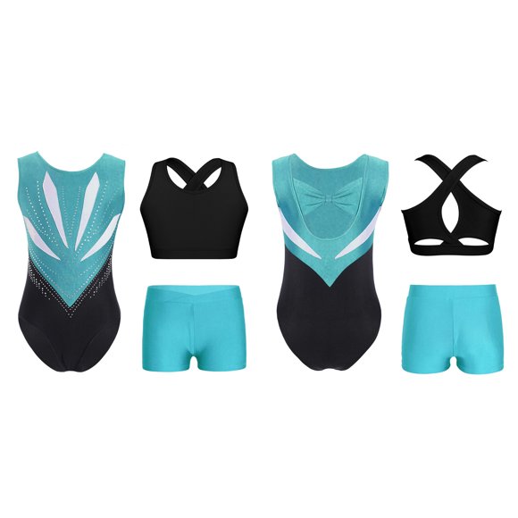 Moggemol Kids Girls Gymnastics 3-Piece Sparkly Rhinestones Leotard Sports Tank Top and Shorts Set Blue Green 10