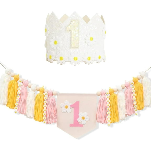 First Birthday High Chair Banner Decorations for Girl,Daisy First Crown Hat,Baby Girl 1st Birthday Decorations Tassel Garland High Chair Banner for Pink One Year Old Party Baby Shower