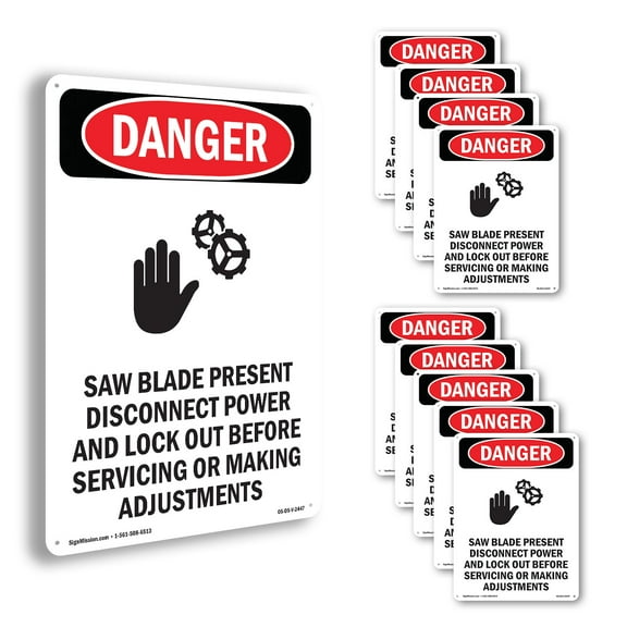 Saw Blade Present OSHA Danger Rigid Plastic Sign 14 Inch x 10 Inch - 10 Pack
