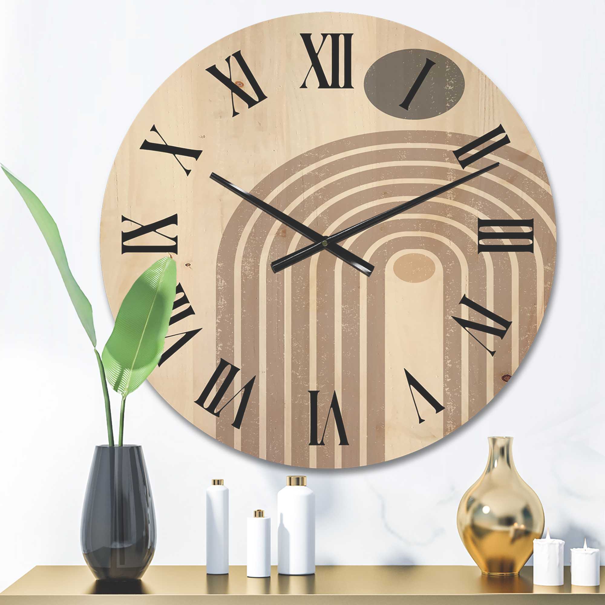 Designart 'Abstract Rainbow Moon and Sun In Earth Tones I' Modern Wood Wall Clock