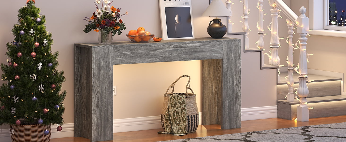63-Inch Long Console Table with LED Light, Farmhouse Sofa Table Behind Couch, Wooden Console Table for Entryway Hallway Entrance Living Room, Gray