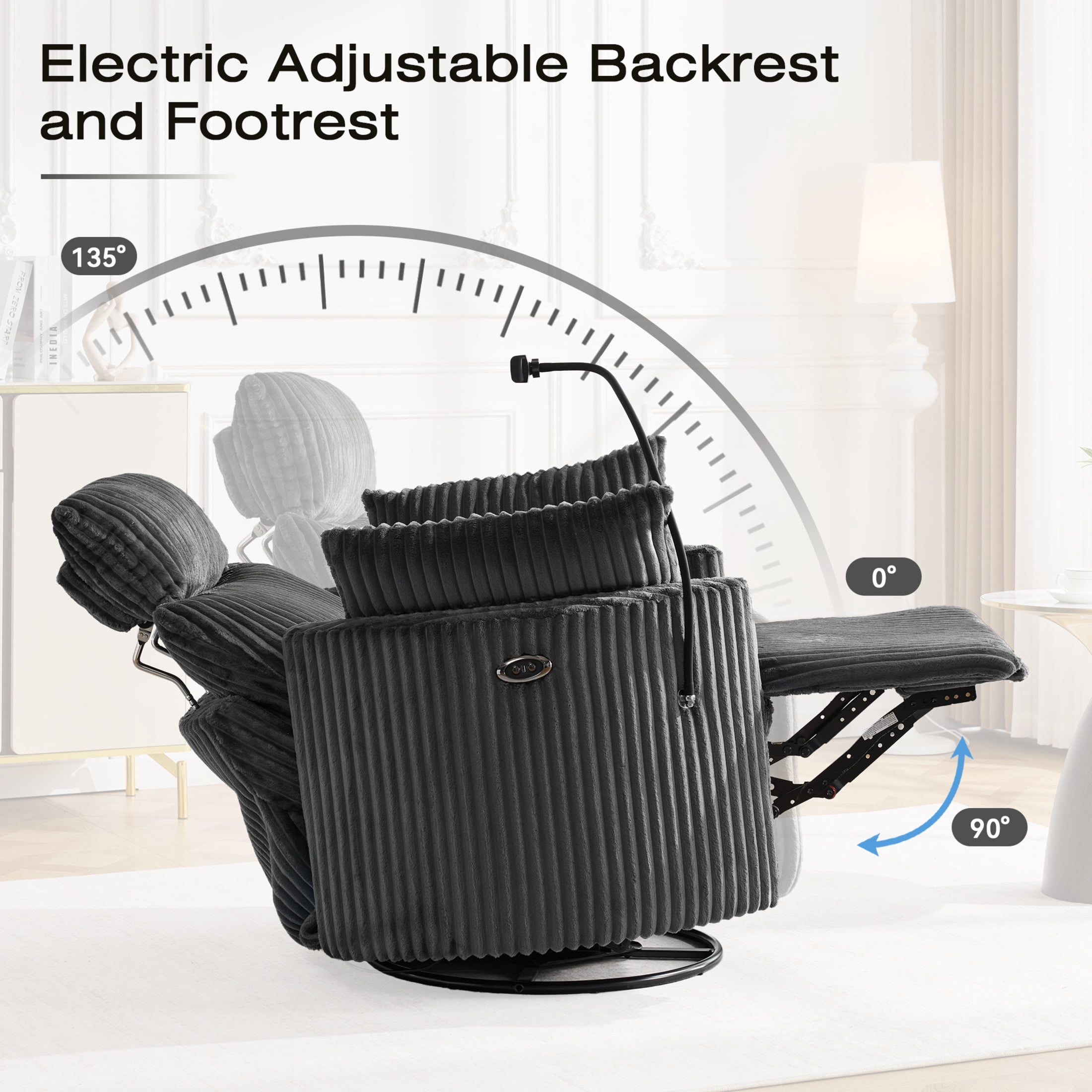Noble House Sigrid 210° Swivel Rocking Recliner Chair, Electric Power Adjustable Corduroy Armchair with USB, Gray