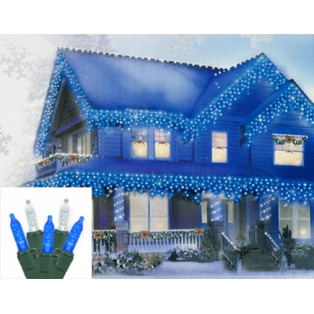 Set of 70 Blue & Pure White LED M5 Mini Icicle Christmas Lights - Green Wire