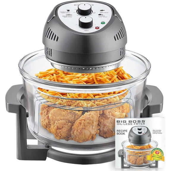 Big Boss Air Fryer Toaster Oven Combo 16Qt Kitchen Countertop Convection Rotisserie 1300W Large Glass Bowl Gray