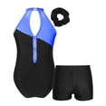 thumbnail image 2 of iixpin Kids Girls Sparkle Gymnastics Leotards with Shorts Hair Band Ballet Dance Bodysuit Tumbling Outfits Sports Unitards Black&Royal Blue 12, 2 of 6