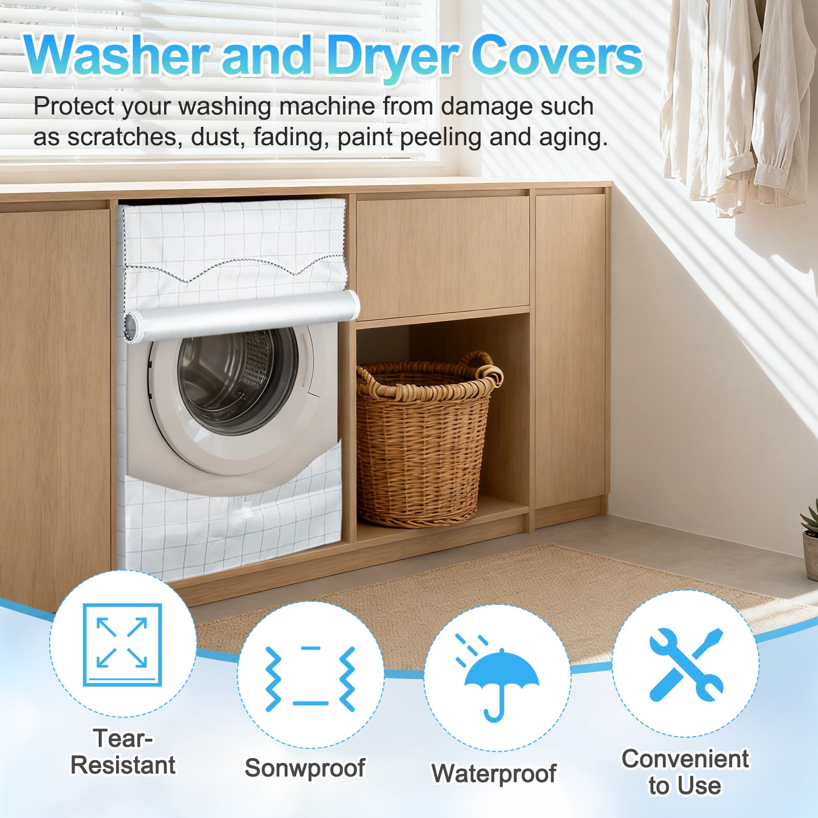 Uxcell 2 Pcs Washer and Dryer Covers 24"x26"x33"- Waterproof, Dustproof, Sun-Proof Front-loading 3 Side Washing Machine Cover with Zipper for Laundry Room Balcony, White