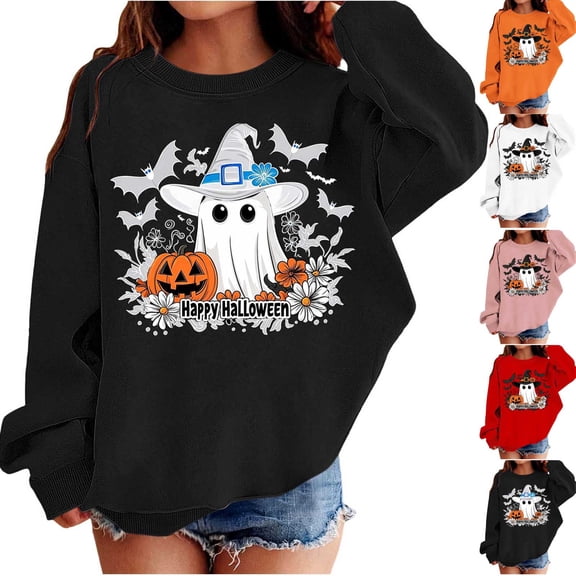 Taqqpue Kids Hoodies Halloween Graphic Print Long Sleeve Crew Neck Pullover Fleece Sweatshirt Fall Winter Cozy Oversize Blouse Tops for Boys Girls Size 1-12