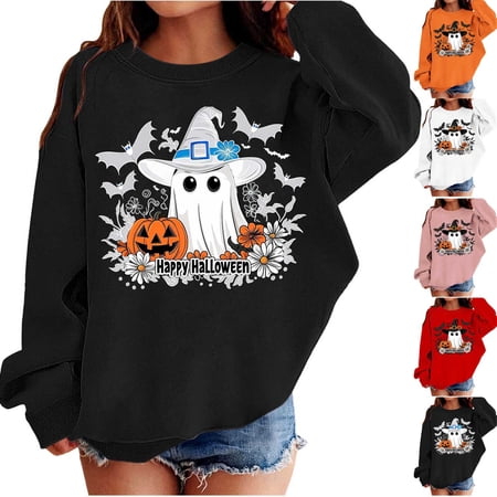 DJDLJWCJ Teen Girls Halloween Sweatshirts Fleece-lined Warm Long Sleeve Pullover Graphic Printed Tops White Size 3-4Years