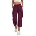 thumbnail image 3 of Fnooota Women's Cargo Capri Pants, Stretchy Casual Fall Side Split Elastic Waist Cropped Work Trousers Wine Size S, 3 of 7
