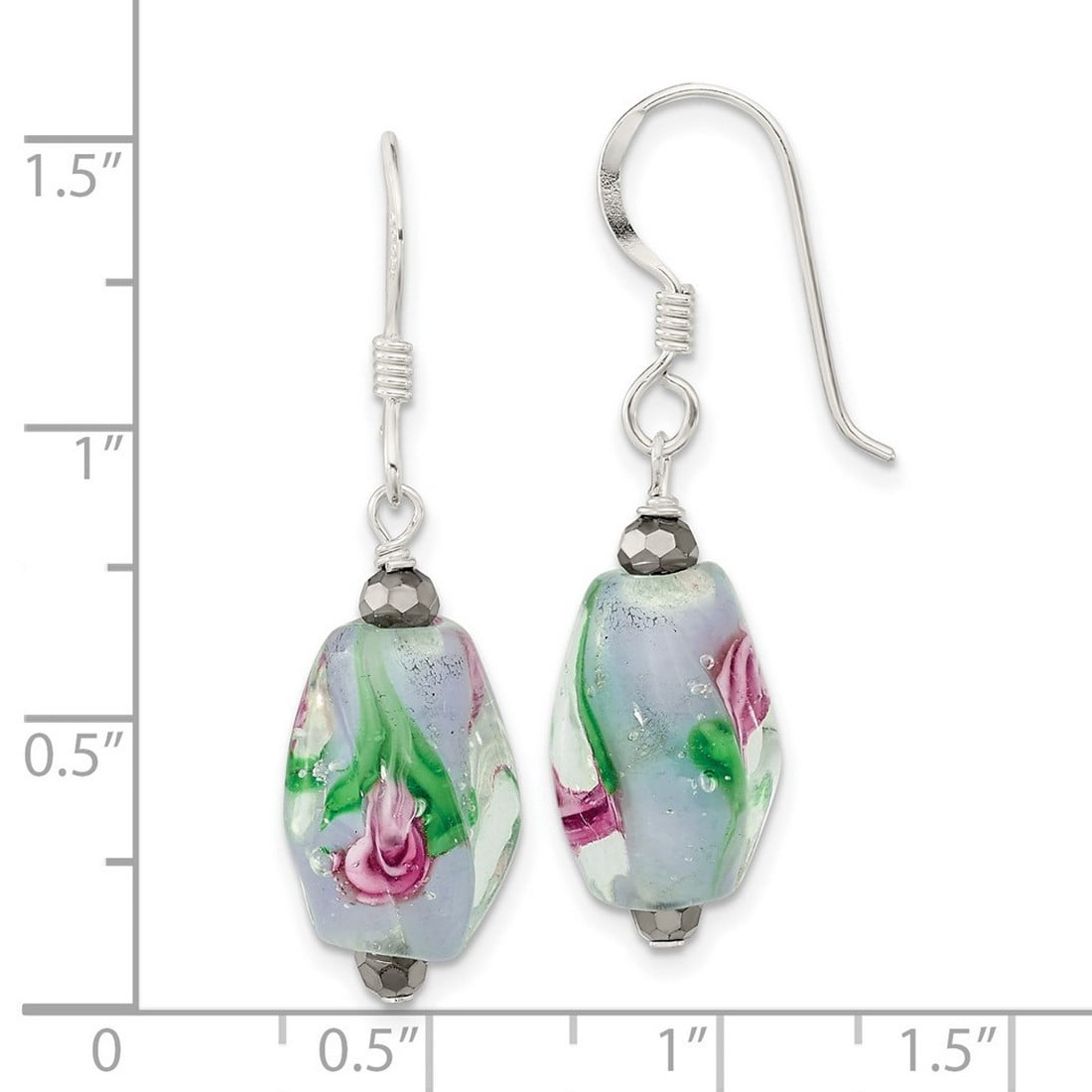 925 Sterling Silver Hematite Green Glass Shepherd Hook Earrings 38.5x10.5mm Wide Stud Earring for Women