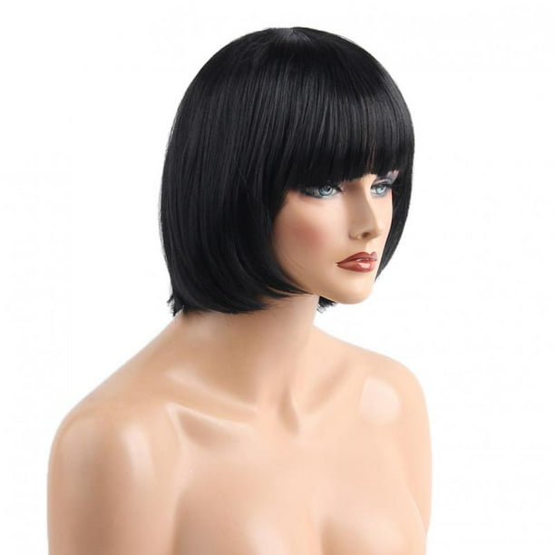 Pelucas de Pelo Corto Bob, Peluca de Fiesta Diaria de Cosplay Negra Sintética Recta de 12 Pulgadas con Flequillo Plano para Mujeres Y Niñas, + Gorra D Zulema Peluca de pelo sintético
