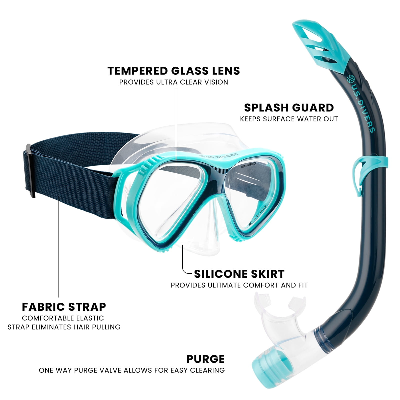 (2 pack) U.S. Divers Playa Adult Snorkel Combo (Teal & Blue)
