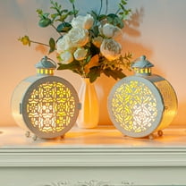 Set of 2 Round Vintage Metal Candle Lanterns 7.5" H Decorative Hanging Candle Holders for Indoor Outdoor Parities Weddings Patio and Garden(White, Hollow Retro Pattern)