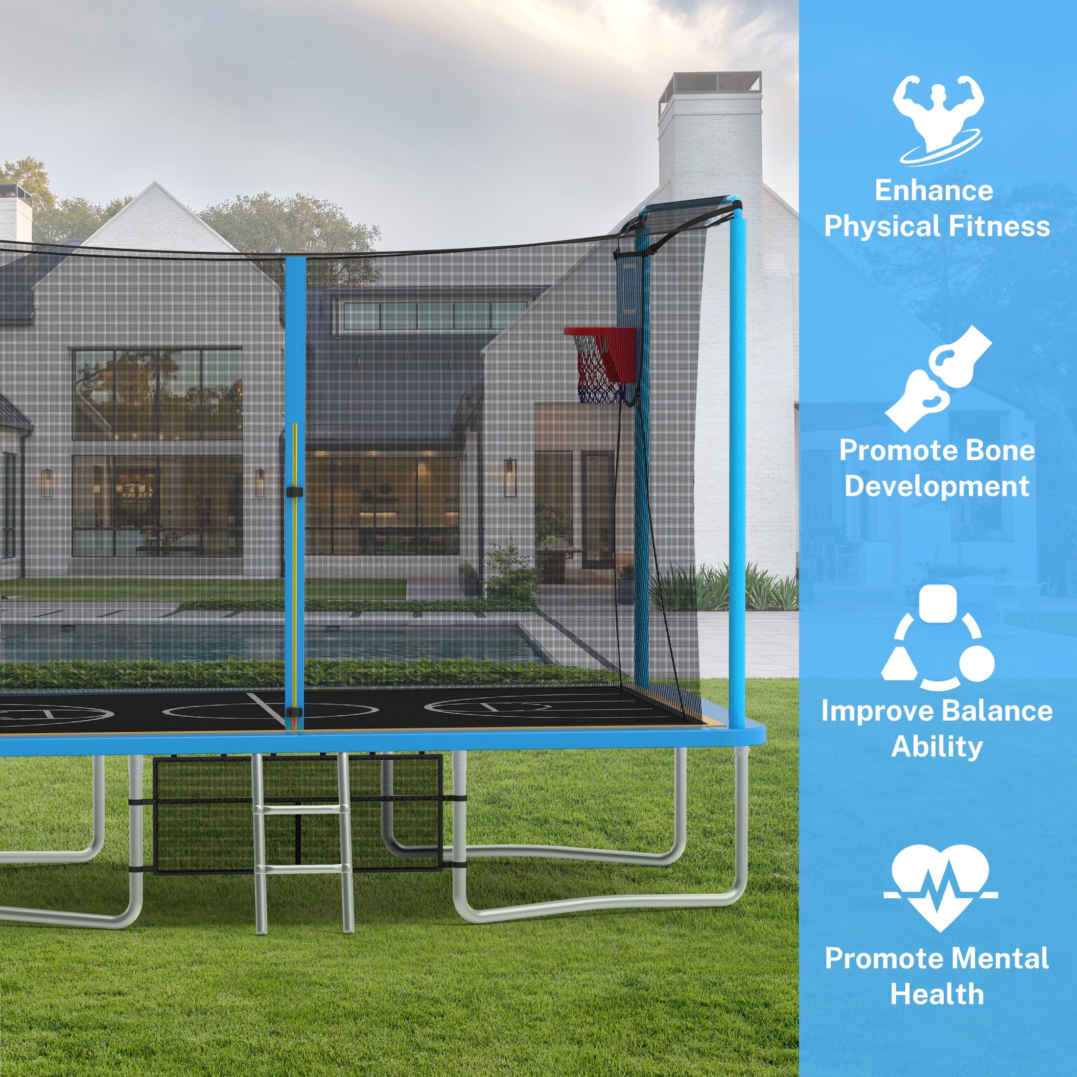 8 ×12FT Large Trampoline for Kids and Adults, SHINPT Outdoor trampoline with 2 Basketball Hoops, Big Trampoline with 360° Safety Net, Kids Trampoline Outdoor with Football Net with 1600LBS Capacity