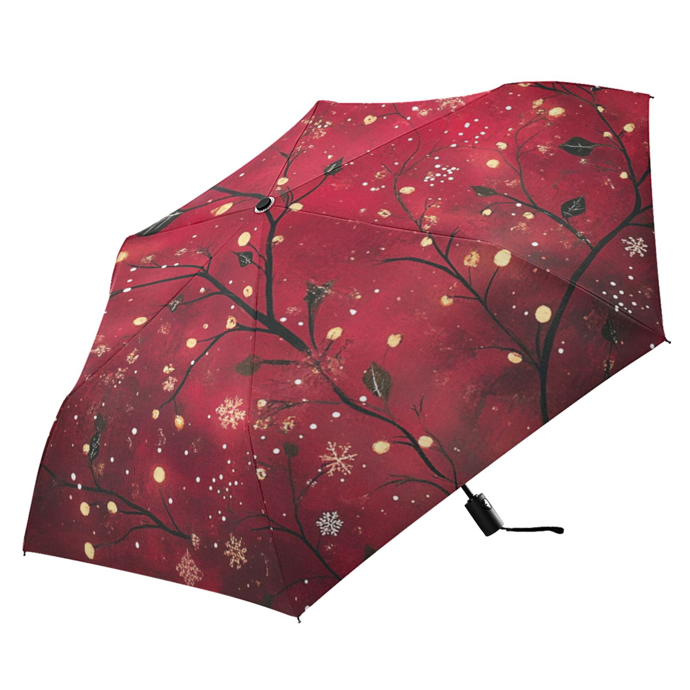 Winter Red Flowers Folding Umbrella UV50+ Waterproof Sun Protection Auto Open Close Compact Fiberglass Frame