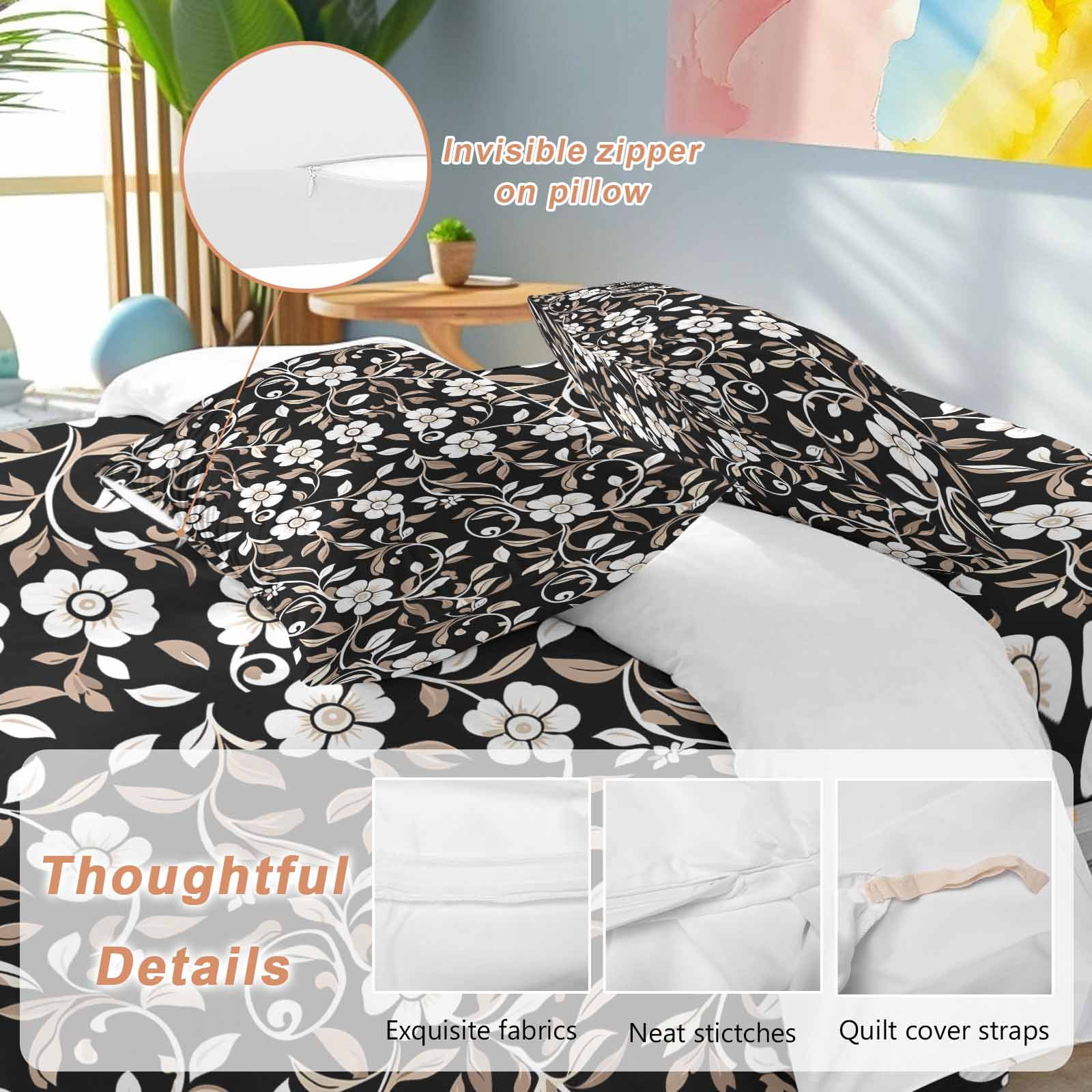 Black White Floral Duvet Cover Set, Farmhouse Vintage Botanical Leaves Soft Duvet Cover California King Bedding Set 4 Pieces, 1 Quiltcover and 2 Pillowcases with Zipper, 1 Bed Sheet for All Seasons