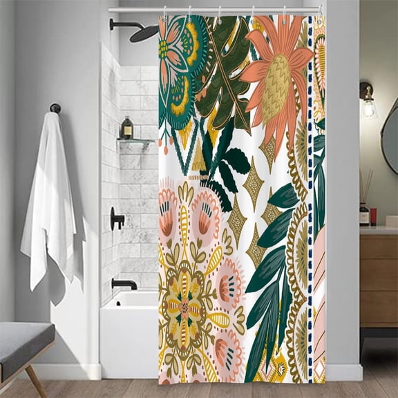 Bohemian Floral Bathroom Shower Curtain Colorful Boho Leaves Flowers Shower Curtain with Hooks Polyester Waterproof Fabric Paisley Unique Trendy Woman Shower Curtain Decor, 36x72 Inch