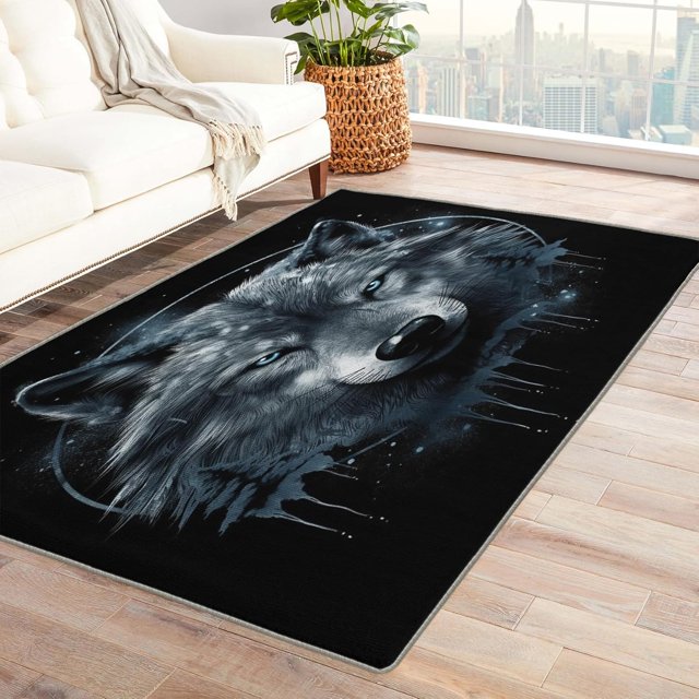 Animal Wollf Area Rug 4x5, Black Rugs for Bedroom Living Room, Wildlife Carpet, Machine Washable Rug, Non Slip Soft Low Pile Rugs Home Decor T6&-185
