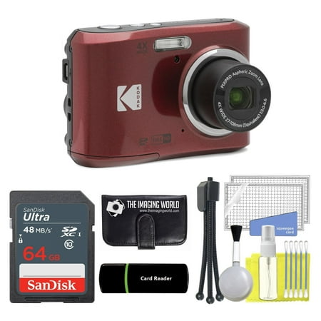 Kodak PIXPRO FZ45 16MP Digital Camera 4X Optical Zoom 27mm Wide Angle 1080P Full HD Video 2.7" LCD Camera Red + 64GB Card and Reader + Memory Wallet + Tripod + Cleaning Bundle