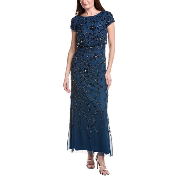 Adrianna Papell womens Blouson Beaded Long Dress, 0, Blue