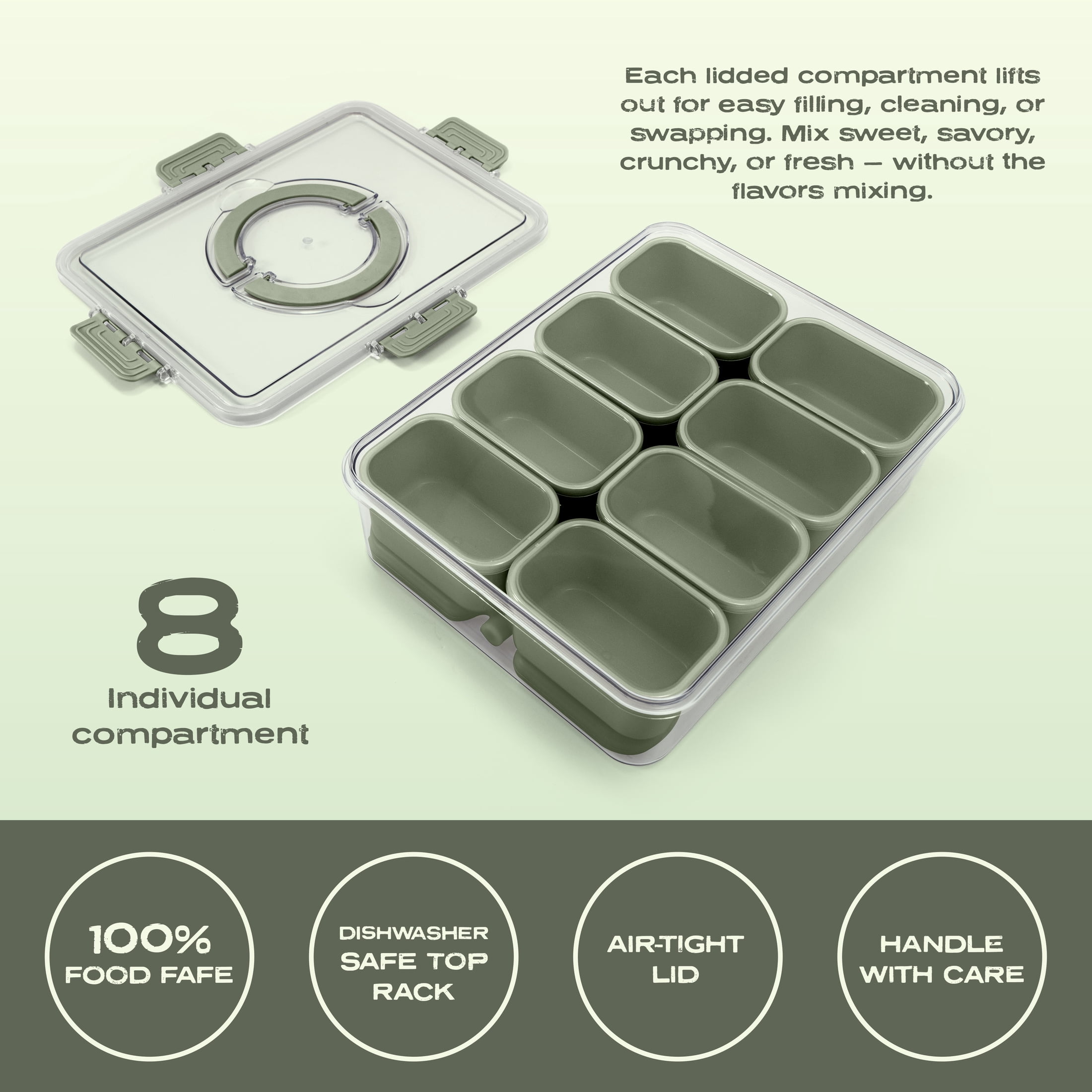 Cook with Color 8-Compartment Snack Box Food Storage Carrier, Charcuterie Container with Ice Pack, Portable and Dishwasher Safe, Leak Proof, Sage