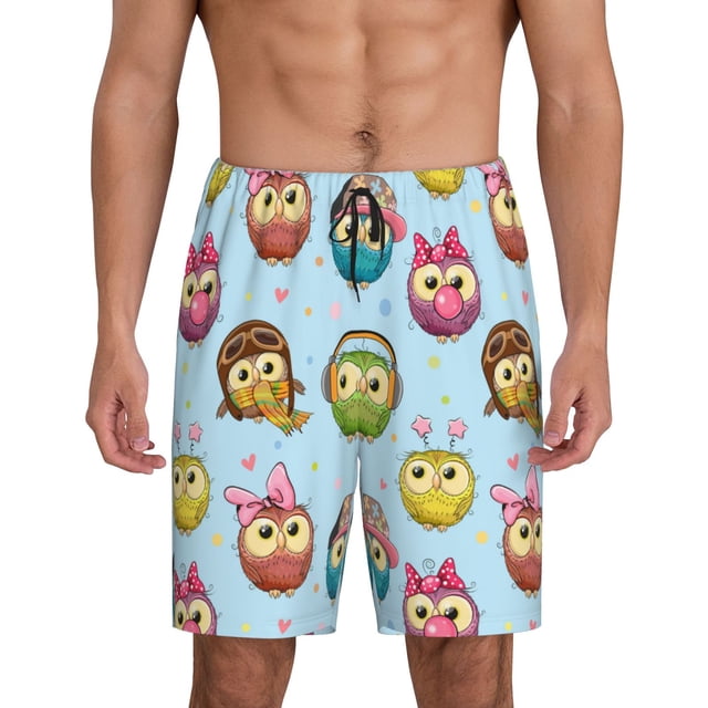 Balery Cute Cartoon Owls 3 Pantalones cortos de pijama de punto de algodón para hombre con cinturilla y bolsillos-4X-Large