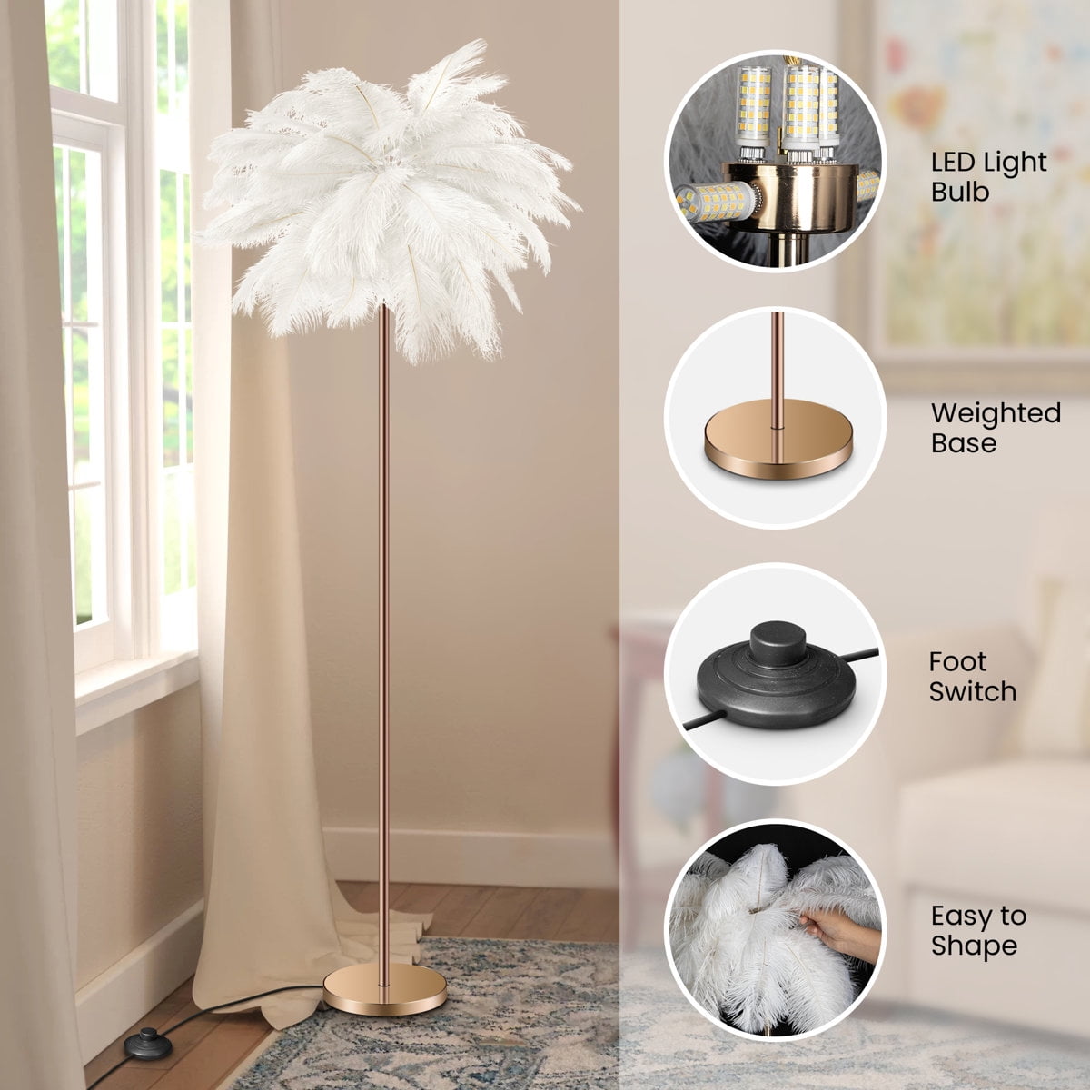 Feather Floor Lamp for Living Room, Fluffy Ostrich Feathers Lamp, Rose Gold Color Body with 5 standard G4 Bulbs - White