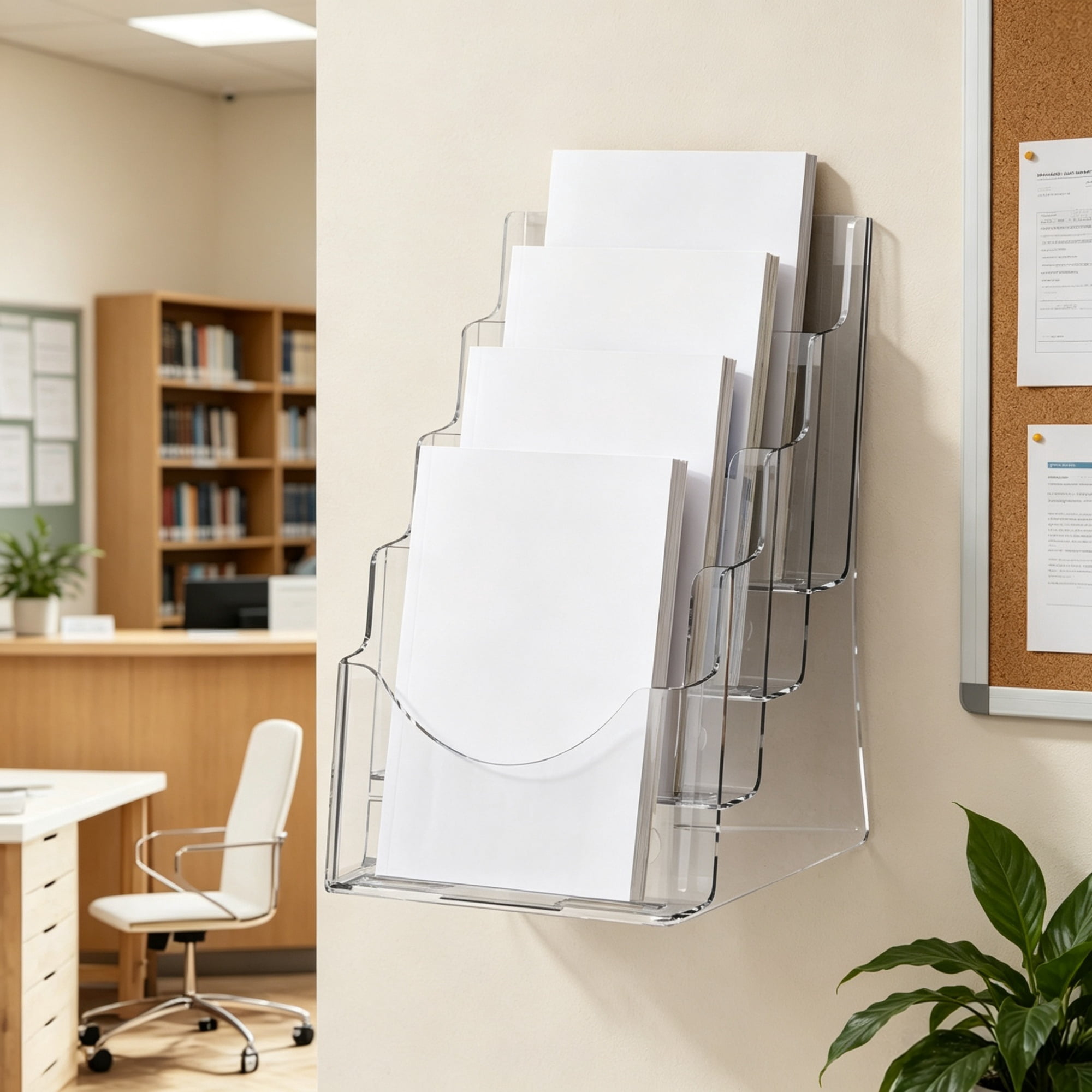4-Tier Acrylic Brochure Holder 8.5 x 11 Inch, Clear Plastic Literature Display Stand with Removable Divider, Flyer Organizer for Office Exhibition Countertop or Wall Mount