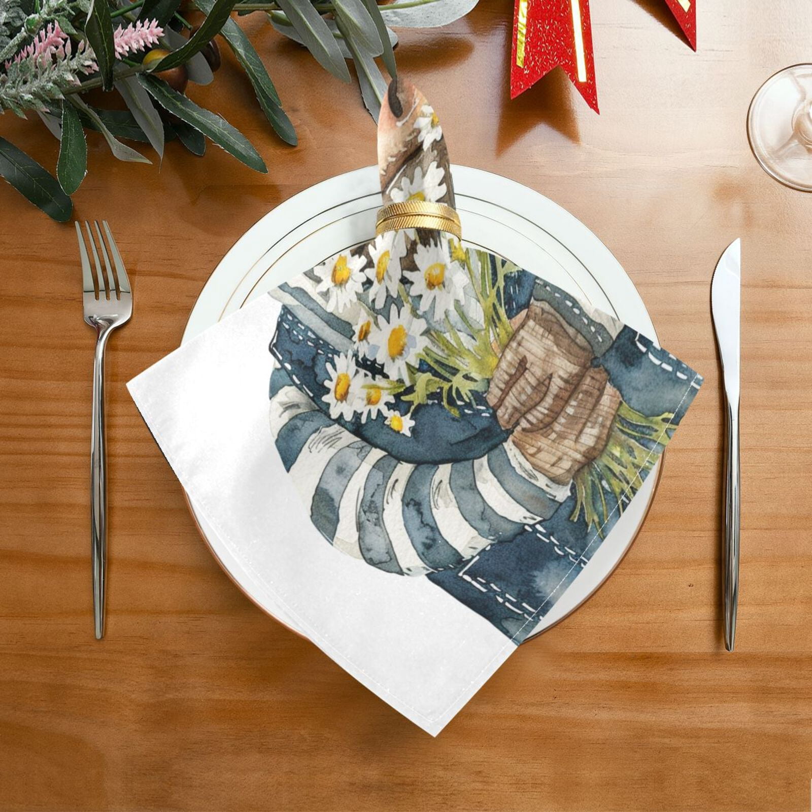 JSTEL Fun Bull Daisy Flower Cloth Napkins Set of 6, 20x20 Inch Washable and Reusable Napkin for Decoupage Dinner Party Everyday Use