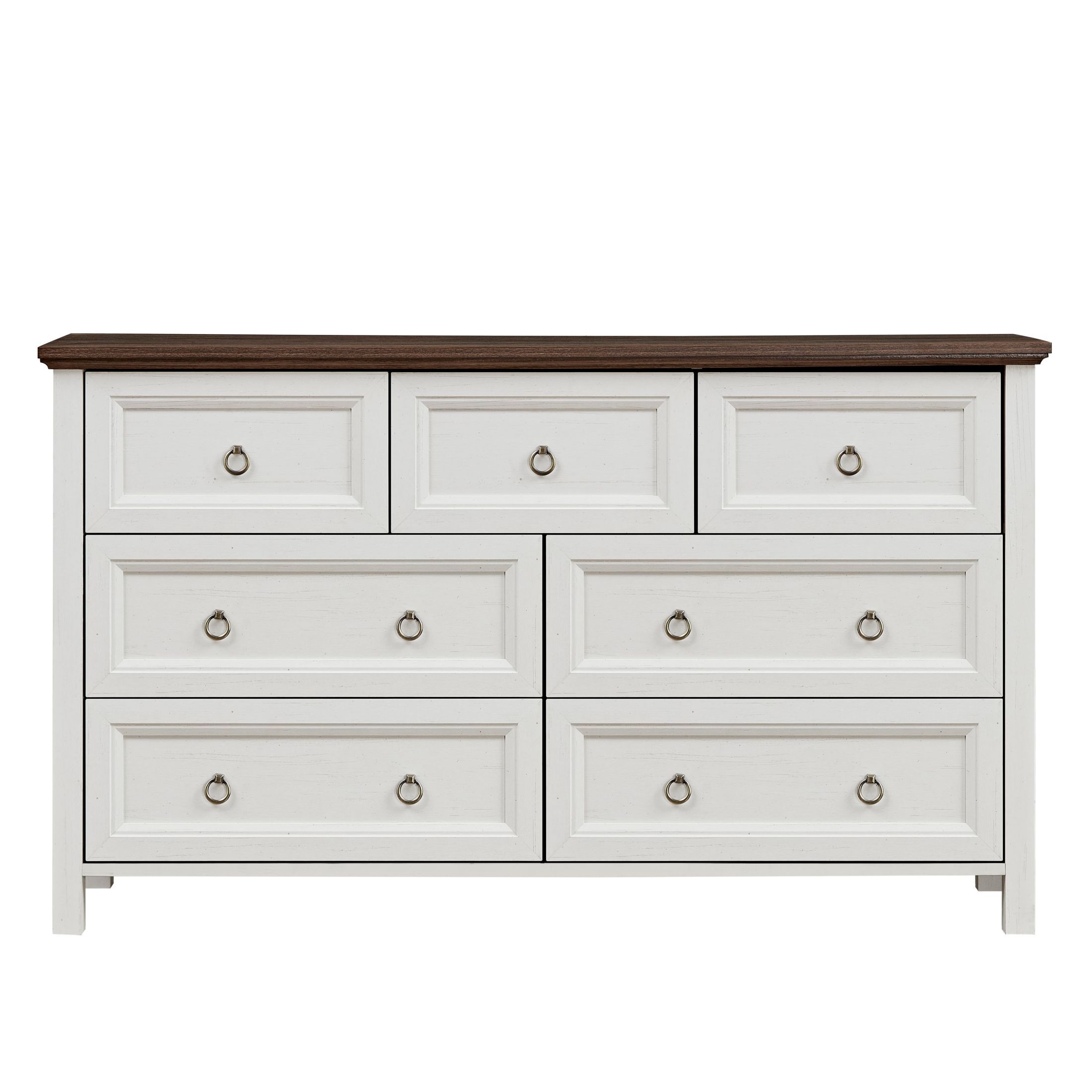 AENKYO Farmhouse Dresser with 7 Drawers, Storage Drawer Chest for Home, Cream White & Rustic Brown Finish