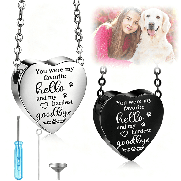 DESIGNICE 2Pc Pet Cremation Jewelry for Ashes Urn Necklace with Paw Print Heart,Pet Dog Necklace Stainless Steel Pendant Black&Silver Urn Locket with Funnel Kit for Dog Cat Ashes(Stylish)
