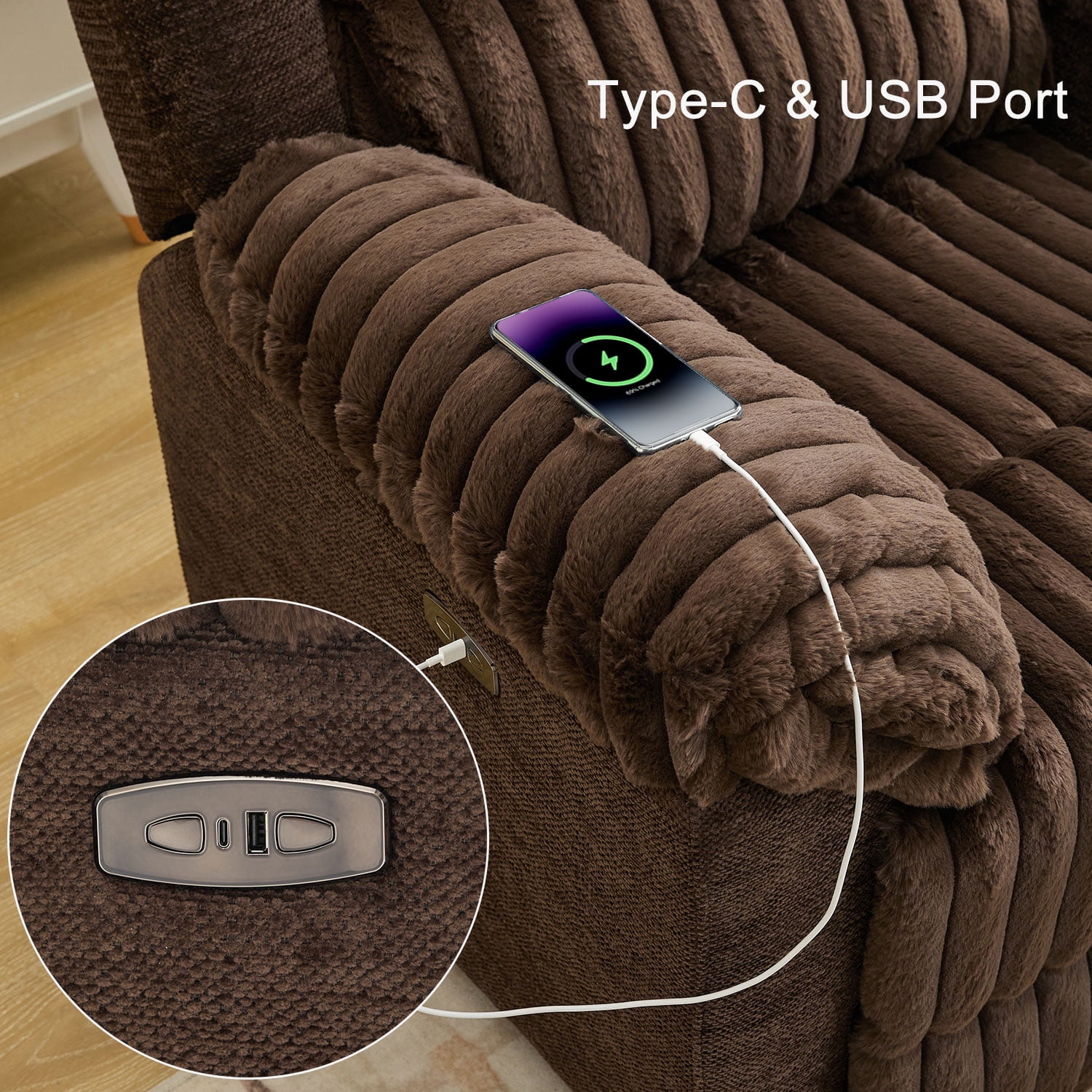 Comfort Stretch Power Recliner Sectional Faux Fur Sofa with Wireless Charging USB Type-C Ports Storage Console 2 Pillows Brown