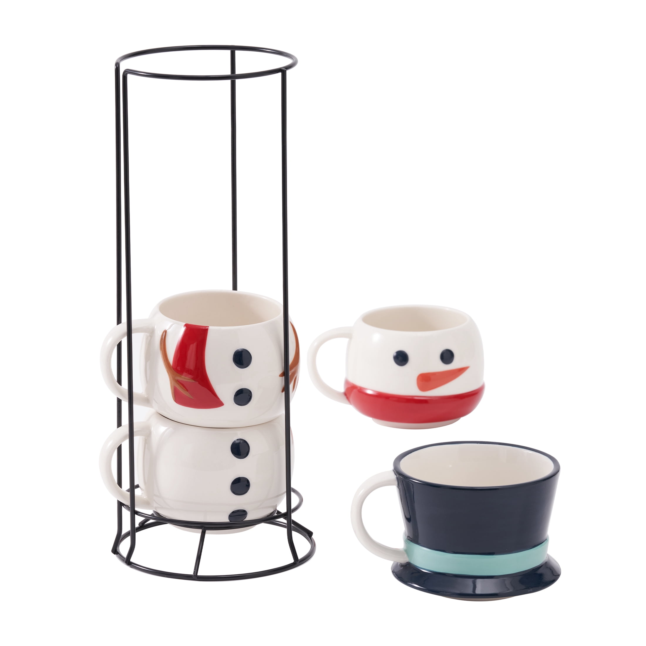 Snowman Stacking Ceramic Mug Set with Rack 12 OZ 5-Piece Holiday Time
