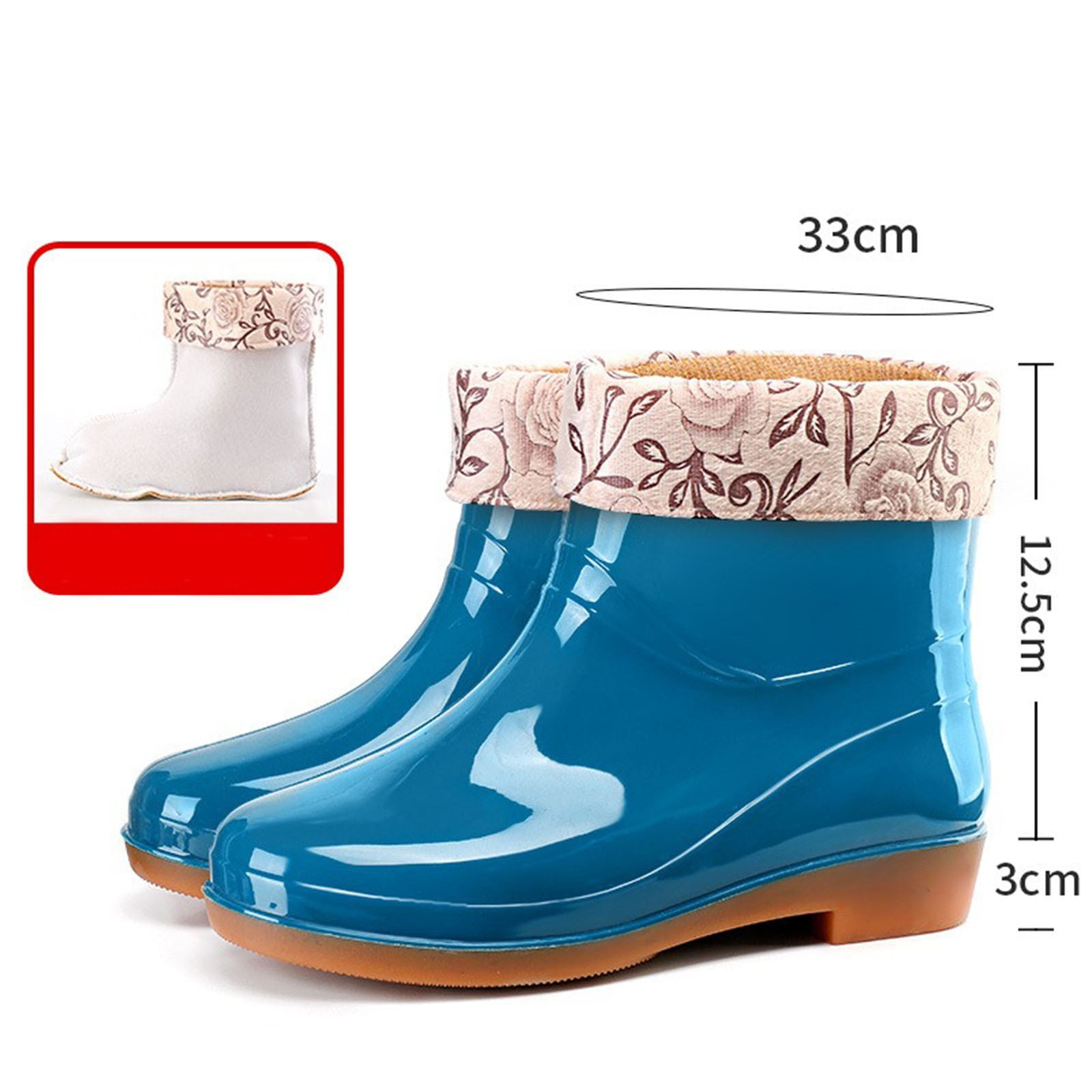 Winter Short Rain Boots for Women with Lined Floral Waterproof Rubber Outdoor Garden Ankle Booties Shoes