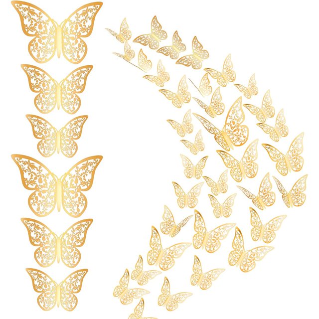 Decoración de pared de mariposas 3D, 36 piezas, 12 estilos, 3 tamaños, decoración de mariposas doradas para dormitorio, sala de estar, habitación de niños, guardería, aula, pegatinas extraíbles