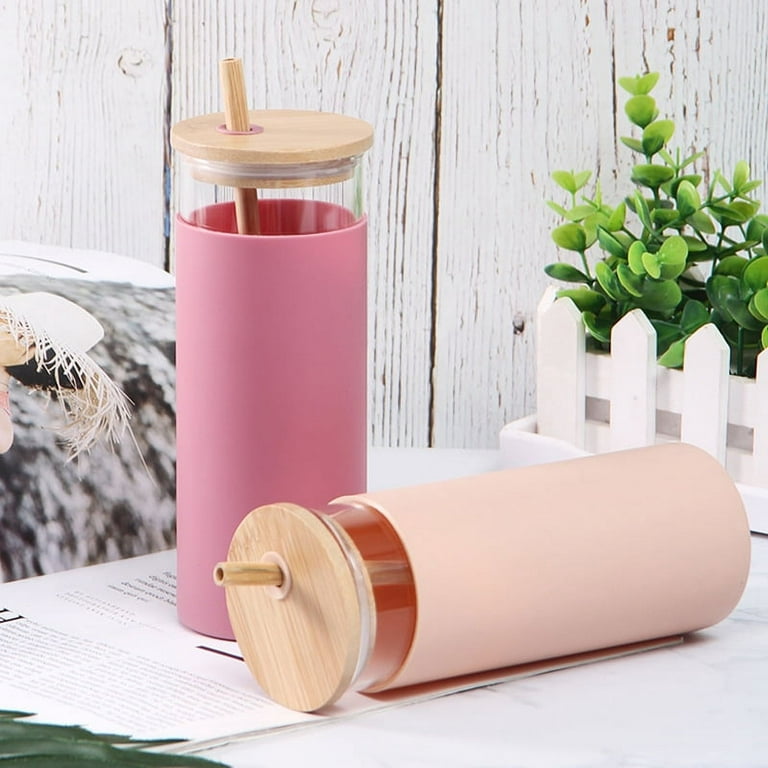 Glass Water Bottle with Bamboo Wood Lid and Silicone Protective Sleeve Heat  Resistant Drinkware Straw Cup Wide Mouth Tumbler