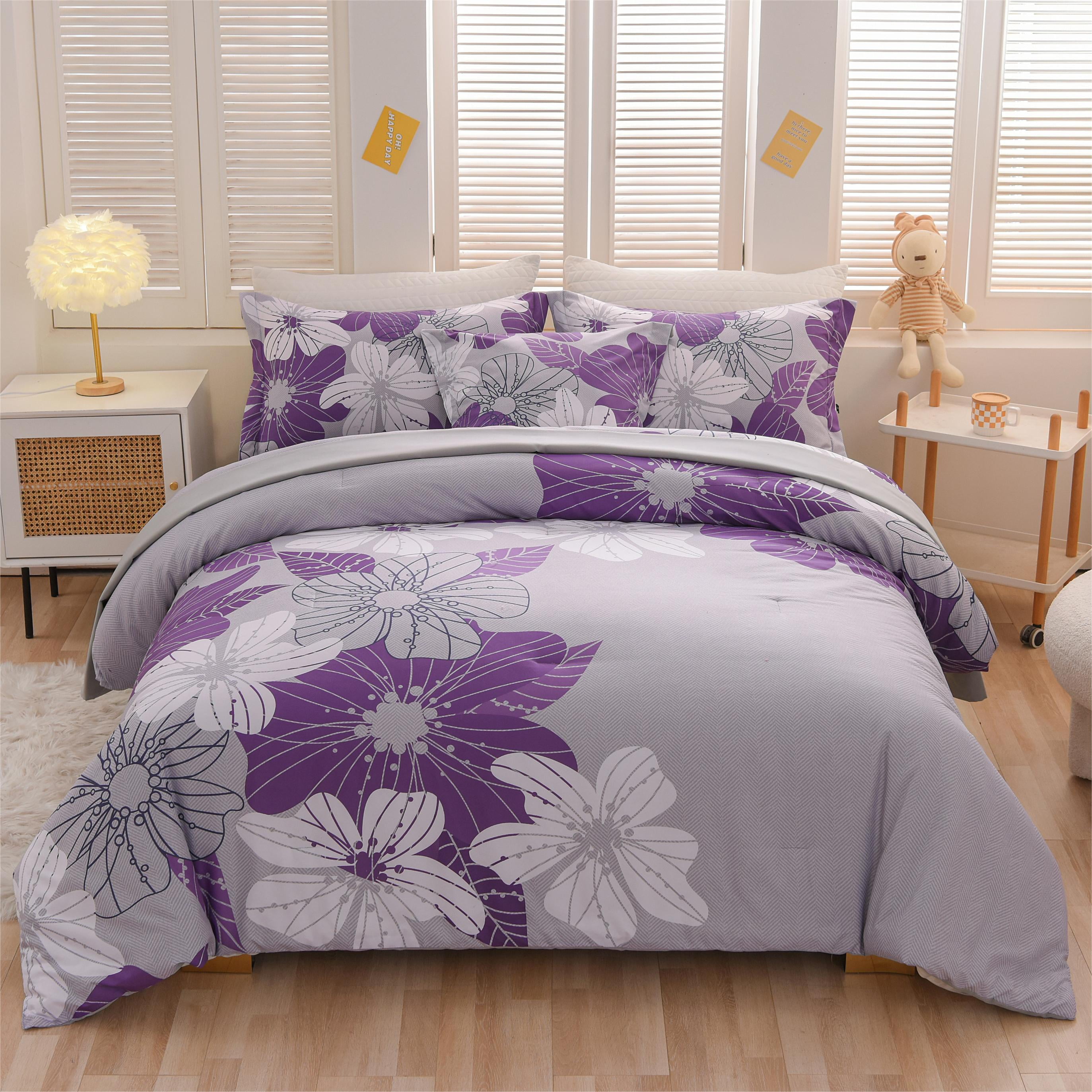 Btargot 6PCS Floral Comforter Set Queen Flower Botanical Boho Bedding Set Purple Bed-in-a-Bag